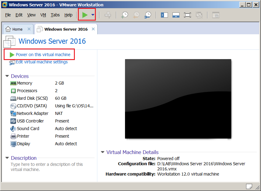 Win2016 VM Start