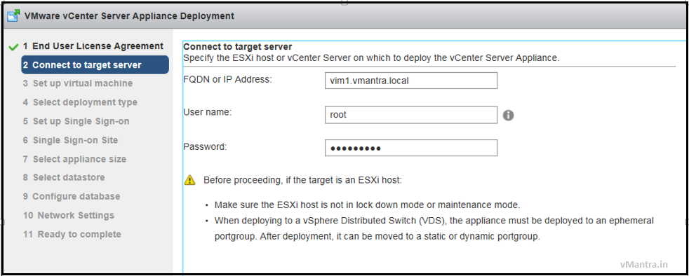 Install VCSA - target server